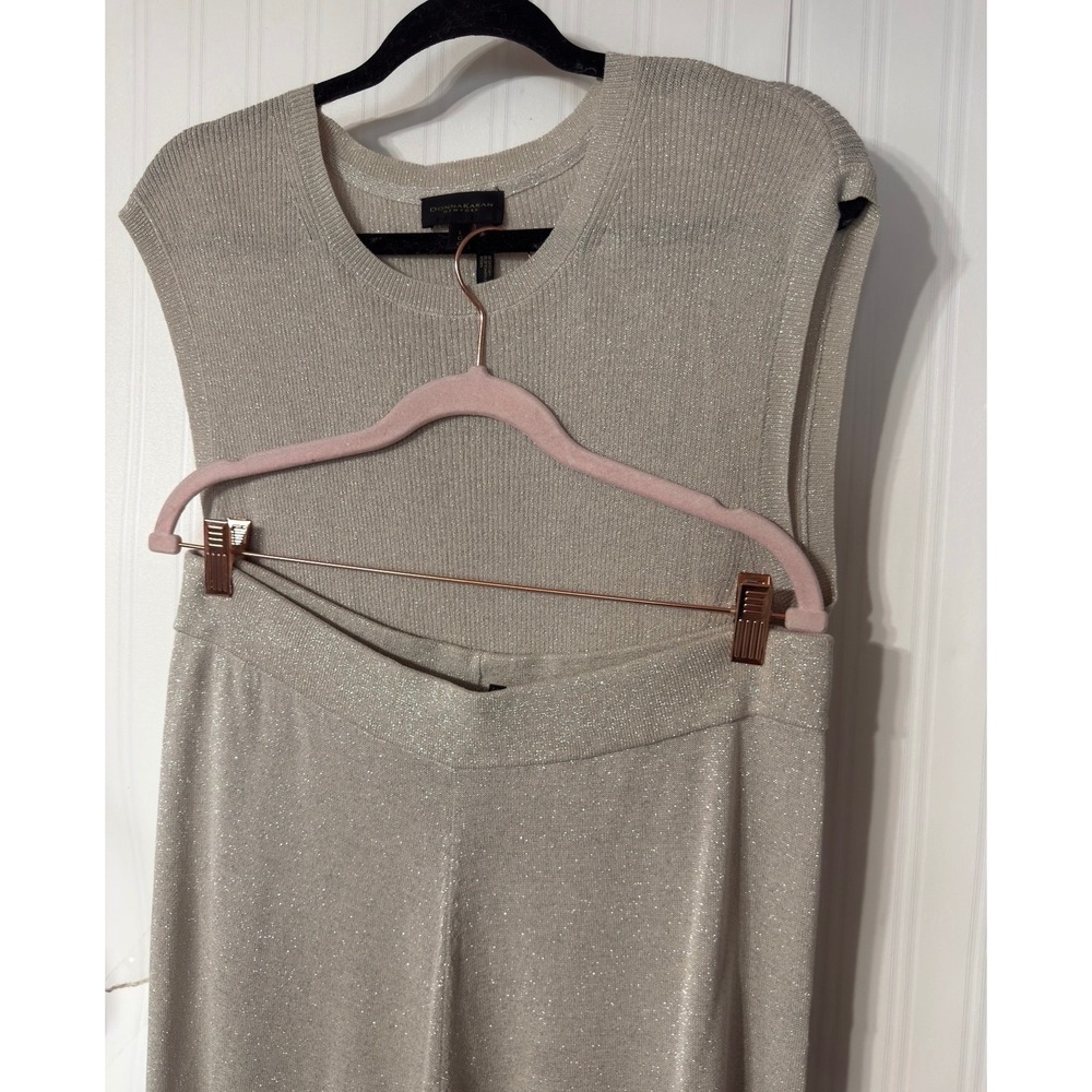 Donna Karan NY Metallic Knit 2 Piece Set Gold Sleeveless Top Cropped Pants L - Picture 2 of 10